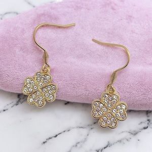 Gold plated lucky four leaf clover hook earrings neutral rhinestones